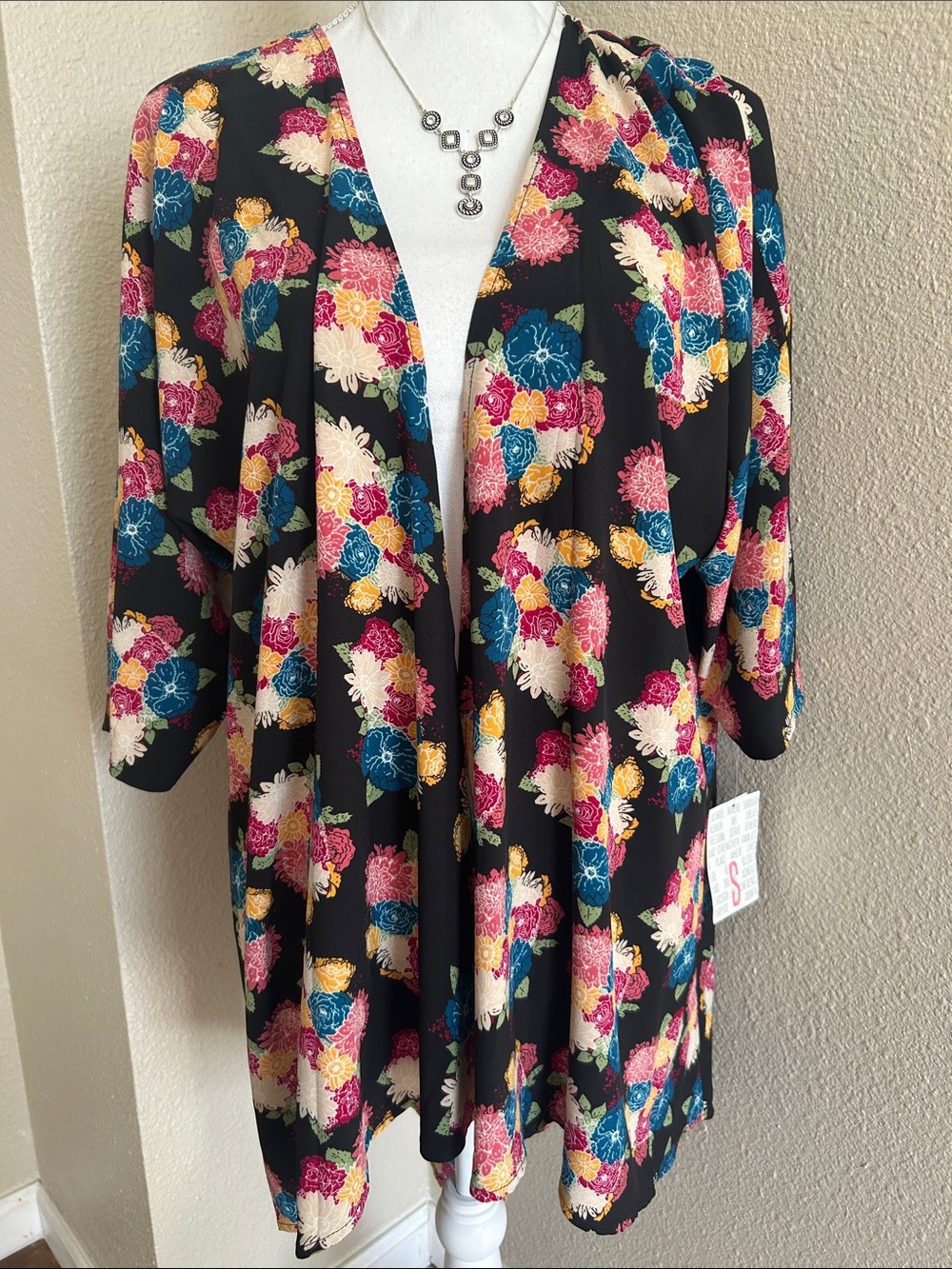 LuLaRoe Black Floral Open-Front Kimono with Pink, Blue, Cream & Yellow Accents